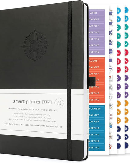 Smart Planner Pro – Undated Daily Planner – Medium B5 – Achieve Goals & Increase Productivity with Weekly, Monthly, Work Sections - Organizer Planner with Back Pocket, 3 Satin Bookmarks & Pen Holder