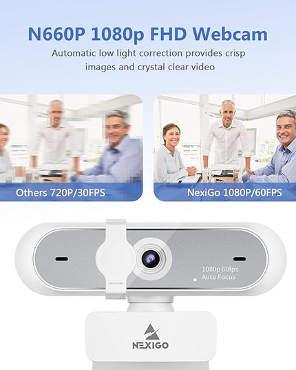 NexiGo N660P (Gen 2) 1080P 60FPS Webcam with Software Control, Dual Microphone & Cover, Autofocus, HD USB Computer Web Camera, for OBS/Zoom/Skype/FaceTime/Teams/Twitch, White