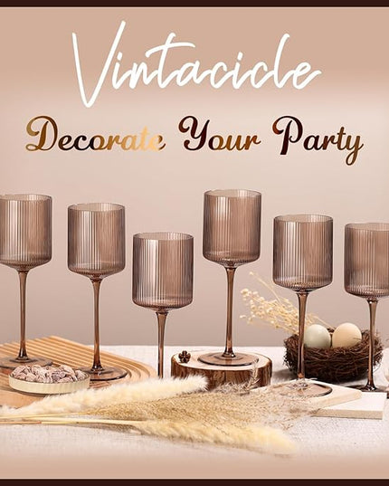 Smokey Gray Square Wine Glasses Set of 6, Elegant Ribbed Design Colored Crystal Glassware with Long Stem, 11.5oz Hand Blown Stemware For Red & White Wine Home Bar Party