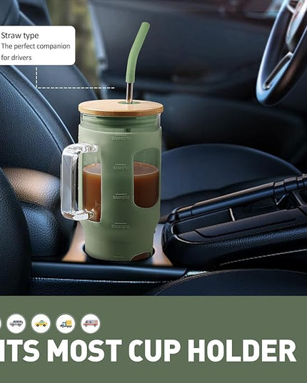Glass Tumbler with Lid, 32 oz Glass Cup with Handle, Glass Water Bottles with Time Marker, 2 Straws - Pearl Straw & Silicone Protective Sleeve - Olive