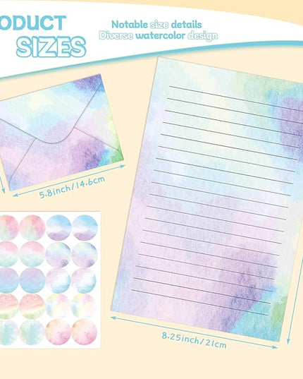 TaoBary 160 Pcs Stationery Paper Set 50 Double Sided Stationery Papers with 50 Matching Envelopes and 60 Round Dot Sticker, 10 Design(Watercolor,5.5 x 8.25 Inch)