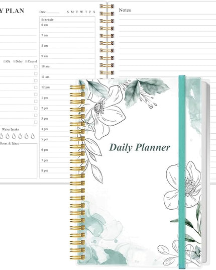Daily Planner Undated - A5 To Do List Notebook Hourly Schedules, Spiral Appointment Planner for Women and Men, PVC Hardcover, Inner Pocket, Elastic Closure, 5.8" x 8.3", Teal Flowers