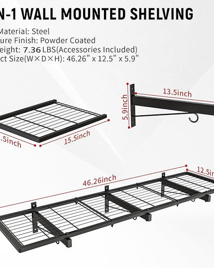 Garage Wall Shelves, 46"X12.5" Garage Shelving Wall Mounted, Heavy Duty Shelf Storage Rack with 4 Hooks, Black Organizer Floating Metal Shelf 160 LBS Capacity for Office, Basement, Laundry Room