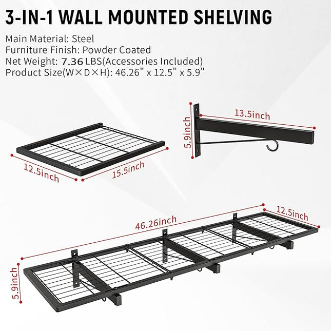Garage Wall Shelves, 46"X12.5" Garage Shelving Wall Mounted, Heavy Duty Shelf Storage Rack with 4 Hooks, Black Organizer Floating Metal Shelf 160 LBS Capacity for Office, Basement, Laundry Room
