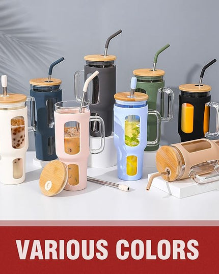 Glass Tumbler with Lid and Straw, 46 oz Iced Coffee Cup with Handle, Large Water Bottles with Silicone Sleeve, Glass Cup with Straws - Pearl Straw & Drinking Straw BPA Free-Black