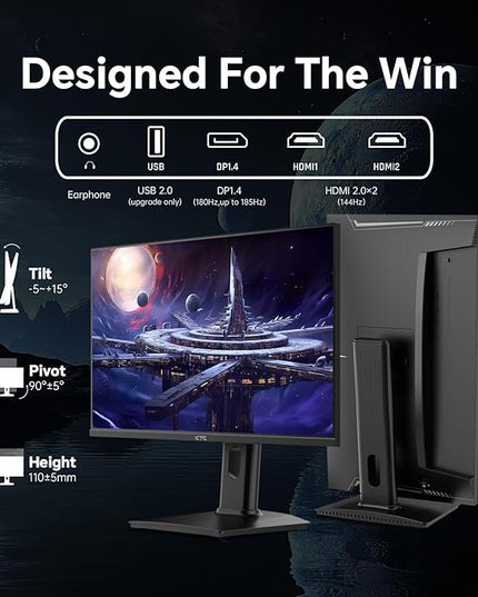 KTC 24 inch Gaming Monitor QHD 180Hz, Fast IPS 1440p Computer Monitor, Up to 185Hz, 1ms, G-Sync/FreeSync, HDR400, Height Adjustable, 2 x HDMI, 1 x DP H24T7