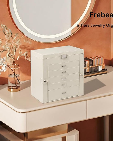 Frebeauty Large Jewelry Box,6-Tier PU Leather Jewelry Organizer,Multi-functional Storage Case with Mirror,Accessories Holder with 5 Drawers for Necklace Bracelets Watches(Pearl White)