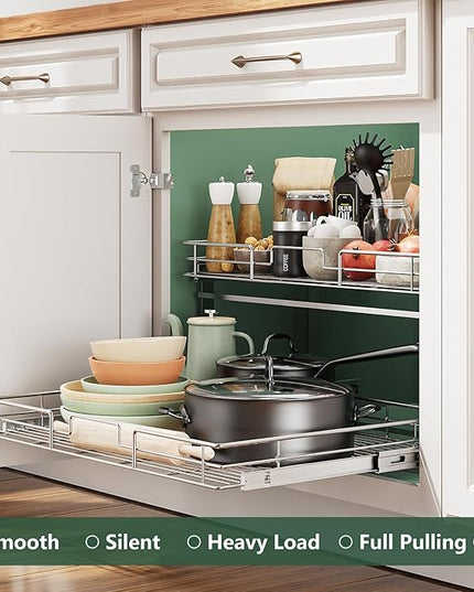 LOVMOR 2 Tier Individual Pull Out Cabinet Organizer 30" W x 21½" D, Slide Out Kitchen Cabinet Storage Sliding Shelves