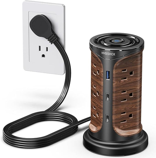 Flat Plug Surge Protector Power Strip Tower with 12 Outlets 3 USB(2 Type C), 6.5 FT Ultra Flat Extension Cord with Multiple Outlets, Charging Station with Screw Wall Mount for Home Office Dorm