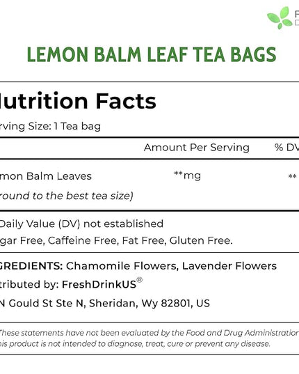 FreshDrinkUS, Premium 120 Lemon Balm Leaf Tea Bags, 100% Natural & Pure from Lemon Balm Leaves. Loose Leaf Herbal Te. No Sugar, No Caffeine, No Gluten, Vegan.
