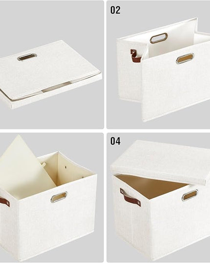 17" Large Collapsible Storage Bins with Lids, Stackable Closet Organizers with PU Handle and Labels, 3-Pack Decorative Fabric Storage Boxes for Home, Bedroom, Closet, Office, Nursery(White)