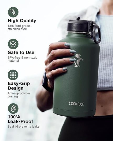 Half Gallon Water Bottle Insulated with Straw & 3 Lids, Coolflask 64 oz Water Jug Large Metal Stainless Steel Wide Mouth for Sports, Gym or Office, Non-BPA Keep Cold 48H Hot 24H, Dark Green