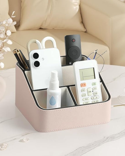 MEIBOOCH Remote Control Holder, PU Leather Small Desk Organizer with 4 Compartments, Nightstand Organizer Desk Caddy for Remote, Notepad, Phone, Glasses, and Accessories (Pink)