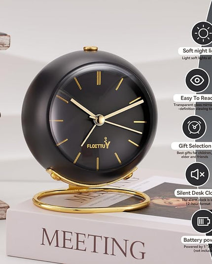 FLOITTUY Silent Table Analog Alarm Clock No Ticking, Lighted on Demand and Battery Operated, Beep Sounds, Small Desk Clock(Shiny Black)
