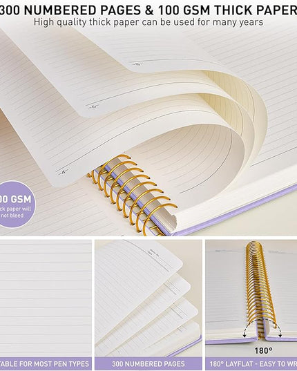 B5 Spiral Notebook Journal 7.6” x 10”, 300 Numbered Pages Hardcover Leather Journals for Women Men, Large Lined College Ruled Notebooks, 100GSM Thick Paper, Spiral Bound Journal for Work School, Purple