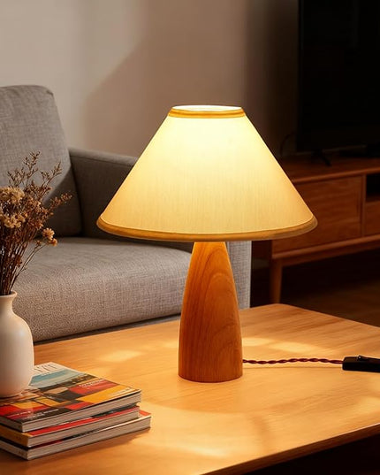 Bedside Table Lamp for Bedroom, Mid-Century Modern Plug in Fabric Shade & Solid Wood Base Desk Lamp, Plug & Play Yellow Wood Nightstand Lamp for Living Room, Office 【Bulb Included】