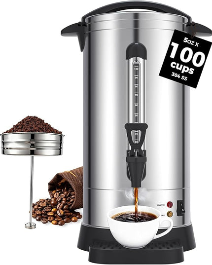 OSTBA 1500W Commercial Coffee Urn 100 Cup / 15L Large Percolator Coffee Pot, 304 Stainless Steel Double-Wall Hot Water Dispenser Electric Coffee Maker Fast Brewing for Catering, Parties & Events