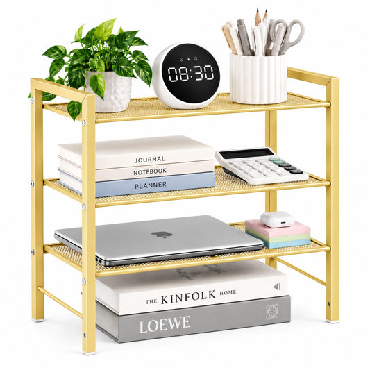 Becomrock Desktop Shelf Organizer, 3-Tier Office Storage Rack, Adjustable Metal Bookshelf for Top of Desk, Desk Organizer for Office, Home, Dorm and Small Spaces (Gold)