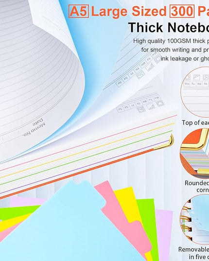 Hardcover Spiral Notebook 6.2"x 8.2" Journal Notebook with Tabs and Removable Dividers 300 Pages 5 Subject Notebook College Ruled, Faux Leather Spiral Bound Notebook for Women School Work(Orange)