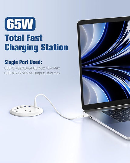 Jgstkcity 65W USB-C Hidden Desktop Power Grommet: 1 AC Outlet,8 USB Charging Ports,3'' Hole Flush Mount Pop-Up Power for Conference Tables & Nightstands (Whtie, 6 FT - 2PCS)