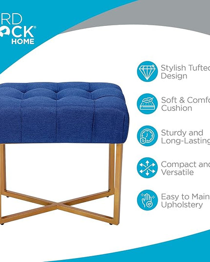 BIRDROCK HOME Rectangular Tufted Foot Stool Ottoman with Soft Padded Cushion - Versatile Vanity Chair for Bedroom, Living Room, Bathroom - Compact Seating for Adults - Blue with Pale Gold Metal Legs