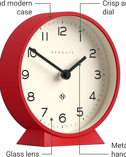 NEWGATE® M Mantel Echo Desk Clock | Modern Round Design | Red | Easy to Read Numbers | Contemporary Style for Desk, Table, Shelf or Bedside