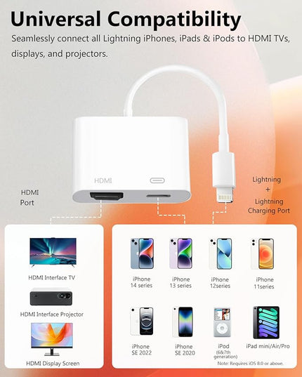 Lightning to HDMI Adapter for iPhone, [Apple MFi Certified] Digital AV Dongle,1080P Sync Screen Cable with Lightning Charging Port for iPhone, iPad to TV/Projector/Monitor No Need Power Supply