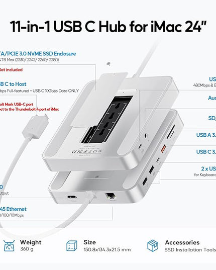 Upgraded 11 in 1 USB C Hub for iMac 24 inch USB Hub 2021 2023 2024 Support M.2 SSD (NOT Included), iMac Hub M1 M3 M4 Accessories, 4K HDMI, 2.5G Ethernet, 5 USB A/C Max 10Gbps, SD/TF - Silver