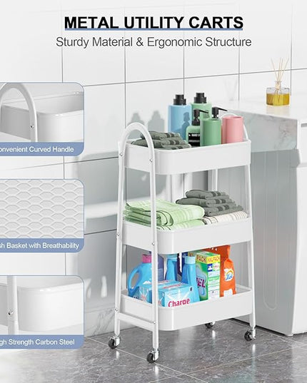 EAGMAK 3 Tier Utility Rolling Cart, Metal Storage Cart with Handle and Lockable Wheels, Multifunctional Storage Organizer Trolley with Mesh Baskets for Kitchen, Living Room, Office, Garage (White)