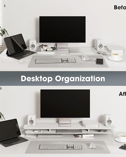 Fenge Acrylic Monitor Stand Riser, 42.5 Inches Dual Monitor Stand with Metal Storage, 2 Tier Acrylic Computer Riser for Desk, Clear Laptop Stand for PC, Laptop, Printer, TV, White