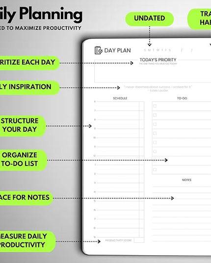 Undated Daily Planner – 6-Month A5 Productivity Organizer with Full Page Per Day, Hourly Schedule, Goal Setting, Habit Tracker, Weekly & Monthly Pages – Hardcover Time Management Notebook (Lime Green)