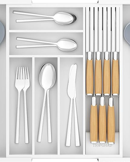 Bamboo-Silverware-Drawer-Organizer-Kitchen, Expandable Utensil Holder Cutlery Tray Flatware Organization Adjustable Wood Tableware Dividers Storage (with Removable Knife Block)(White)