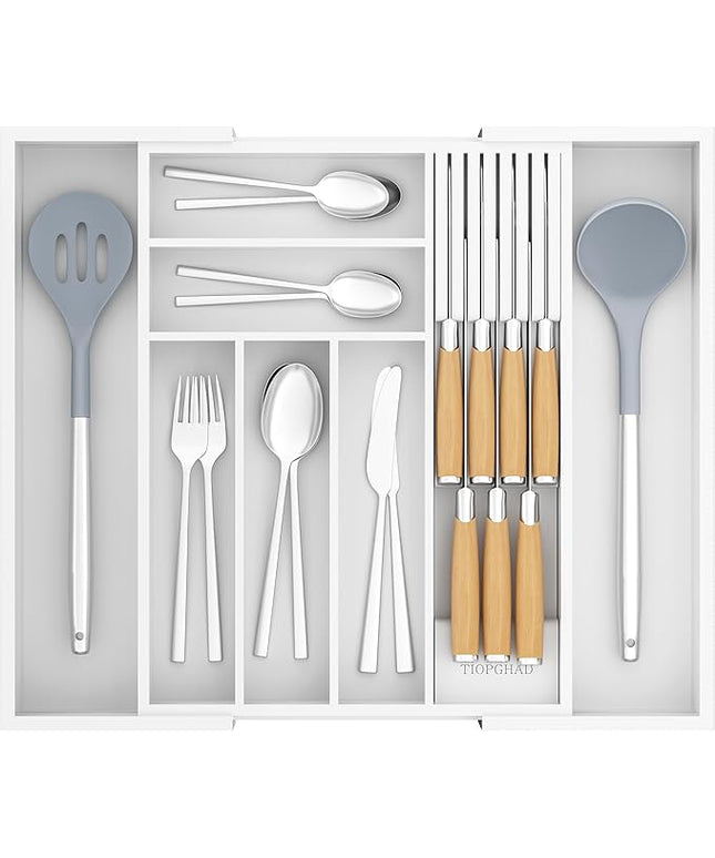 Bamboo-Silverware-Drawer-Organizer-Kitchen, Expandable Utensil Holder Cutlery Tray Flatware Organization Adjustable Wood Tableware Dividers Storage (with Removable Knife Block)(White)