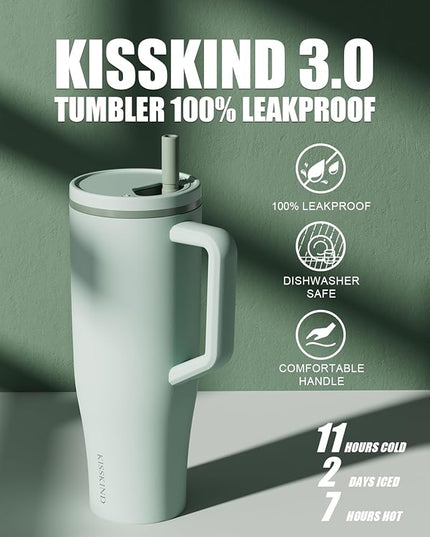 KISSKIND 40 oz Tumbler with Handle and Straw | Lumi Spin Hidden Straw 100% Leakproof Insulated Tumbler | Stainless Steel Water Bottle for Mom, Nurse, Teacher | Green
