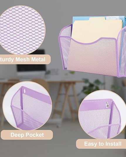 EASEPRES 3 Single Pocket Mesh Hanging File Organizer, Vertical Wall Mounted Magazine File Holder, Mount Basket Mail Paper Document Folder Organizing for Office, Home and School, Light Purple