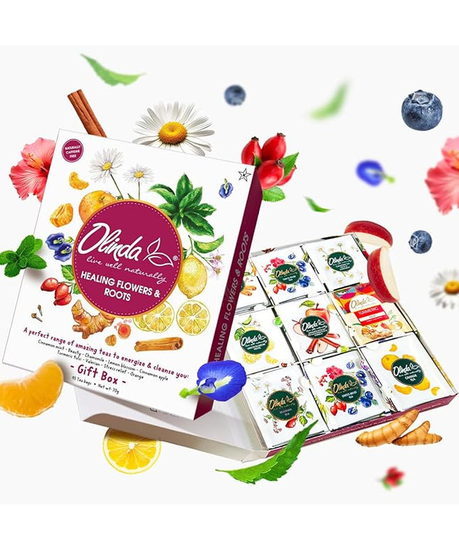 Olinda Healing Flowers & Roots Gift Box Natural Caffeine Free Tea Herbal Tea Bags Healthy Beauty Tea Wellness Stress Relief Tea Sampler Gift Set Premium 9 Vareity Individually Wrapped 45 Tea Bags 1 Tea Gift Box for Women