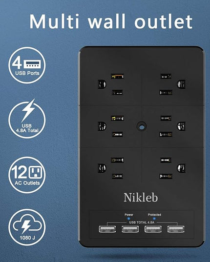 Surge Protector Wall Charger, 12 Wide AC Outlets Power Strip, 4 Ports USB Charging Blocks, Multiple Plug Adapter Wall Mount, Plug Extender Heavy Duty, Outlet Splitter for Home, Office Supplies