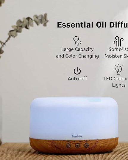 BlueHills Premium 1000 ML XL Essential Oil Diffuser Aromatherapy Humidifier with Remote Timer for Large Room Home 18 Hour Run Huge Coverage Area 1 Liter Mood Light Extra Large Capacity Wood Grain D004