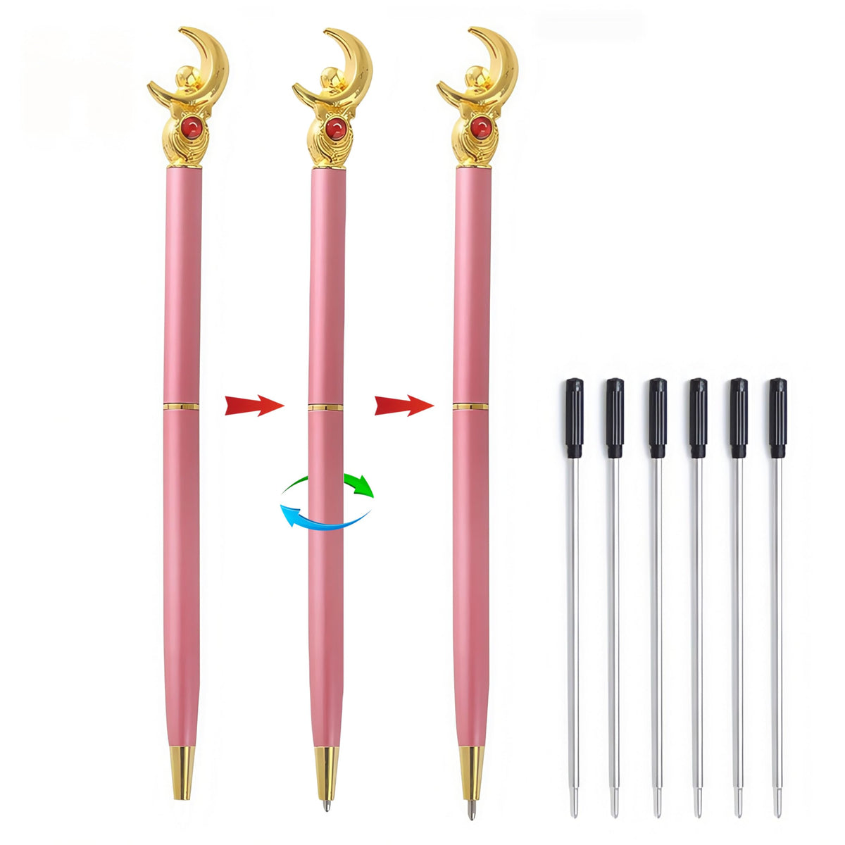 3 Pcs Sailor Moon Pen, Sailor Moon Merch, Pink Pens Ballpoint Kawaii Stationery Set, School Supplies for School Day Students Gifts and Offices, Tip 1mm, with 6 black pen refills