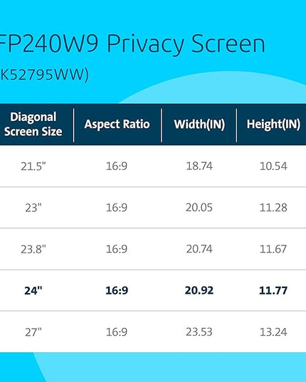 Kensington 24 inch Computer Privacy Screen for Desktop, 16:9 Widescreen Monitor, FP240W9 Anti-Glare Blue Ray Reduction Computer Privacy Filter for Dell Asus Acer LG Samsung AOC Monitors, K55413WW