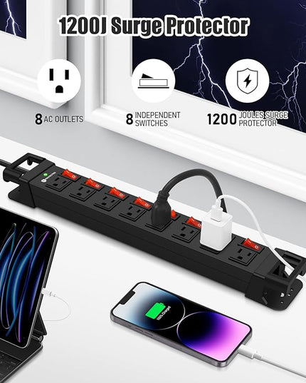 Heavy Duty Power Strip with Individual Switches,8 Outlets 14 Gauge Industrial Shop Garage Metal Multiple Outlets,1200J Surge Protector Mountable Power Strip (Black, 25 FT)