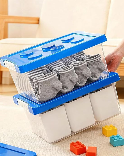 loobuu Plastic Storage Bins with Lids, Art Craft Supply Organizer Box with Brush Pot, Multipurpose Stackable Storage Containers for Organizing Tool, Craft, Crayon,Sewing (Blue)