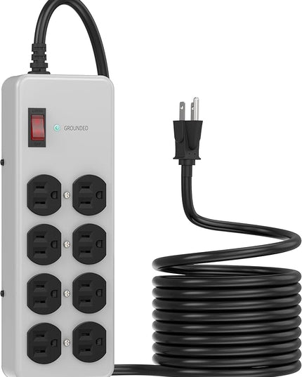 Heavy Duty Power Strip,Industrial Heavy Metal Case Surge Protector,8 AC Outlets,15Amp,2700 Joules,Protected' Indicator,14 Gauge Cord (Grey, 15FT Length)