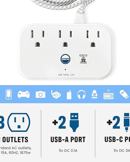 Cruise Approved Power Strip Non Surge Protector with 3.3 ft Travel Extension Cord and USB Ports [2 USB, 2 USB-C, 3 AC] Cruise Ship Essentials for Carnival, Princess, & Major Cruise Lines 2026 & 2027