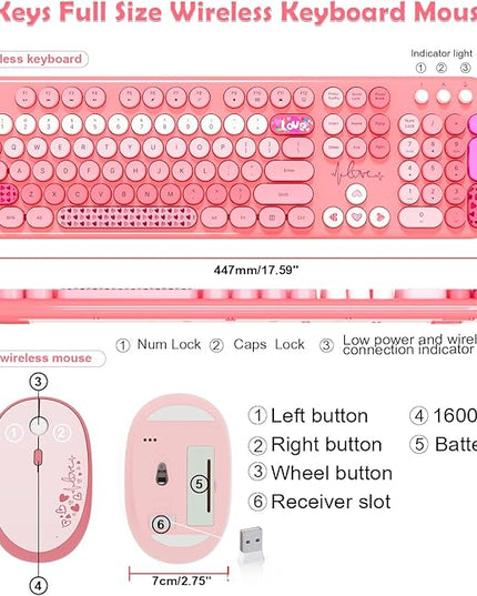 Wireless Keyboard Mouse,104 Full Size Cute Colorful Keyboard and Mouse with Retro Typewriter for PC/Mac/Laptop/Tablet/Computer/Windows/Microsoft, Pink