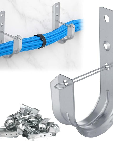 100 Pcs 2" Galvanized Steel J-Hooks, Heavy Duty Wall Mount Cable Support J Hook with Retainer Clip for Cable Management