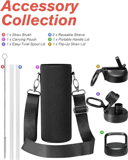 Coolflask Water Bottle 24 oz Insulated with Straw, Stainless Steel Metal 3 Lids Water Flask Wide Mouth for Sports or Office, Non-BPA Keep Cold Up to 48 Hrs or Hot Up to 24 Hrs, Samurai Cyan
