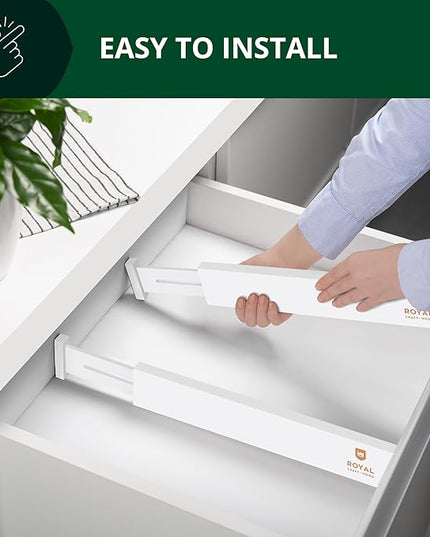 ROYAL CRAFT WOOD Adjustable Bamboo Caddy Expandable Drawer Organization Separators For Kitchen, Dresser, Bedroom, Bathroom and Office, 4-Pack (Large (up to 22)), White