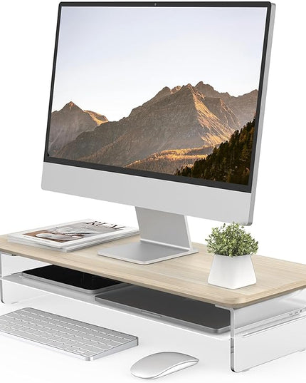 Fenge Acrylic Monitor Stand Riser, 23.6 Inches Monitor Stand with Metal Storage, 2 Tier Acrylic Computer Riser for Desk, Clear Laptop Stand for PC, Laptop, Printer, TV