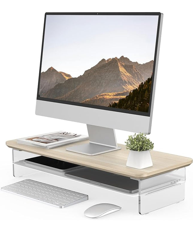 Fenge Acrylic Monitor Stand Riser, 23.6 Inches Monitor Stand with Metal Storage, 2 Tier Acrylic Computer Riser for Desk, Clear Laptop Stand for PC, Laptop, Printer, TV